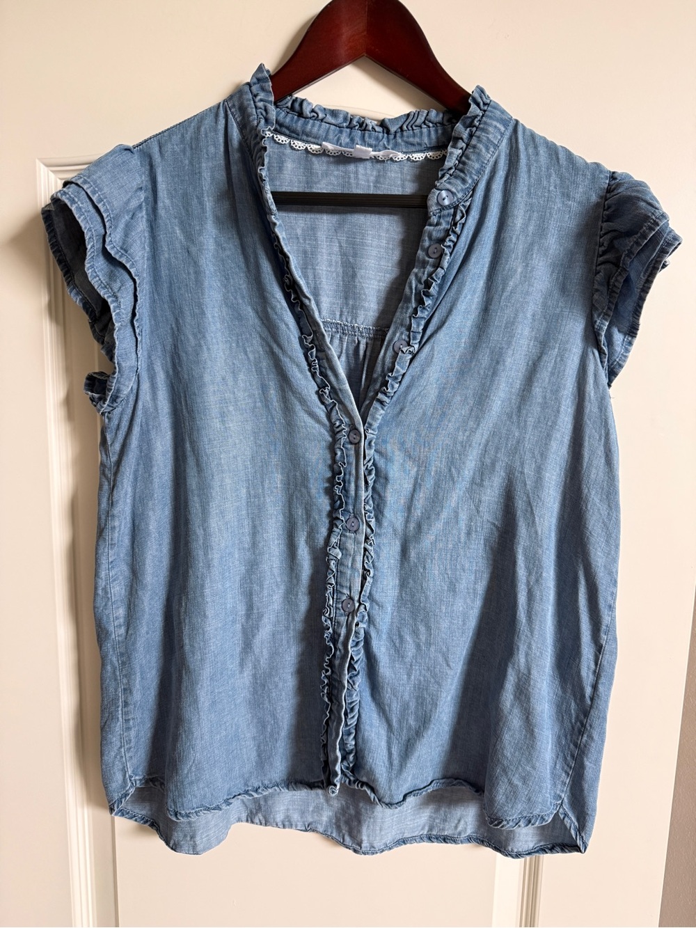 Jane and Delancey Light Blue Ruffle-Trim Chambray Blouse